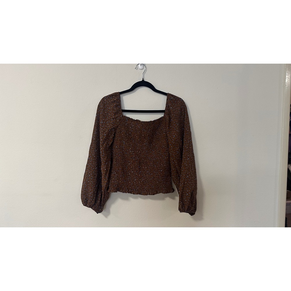 Btfbm Brown Floral Smocked Long Sleeve Puff Sleeve Square Neck Blouse Top size M
